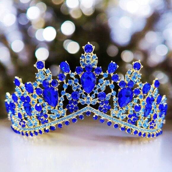 Handmade Accessories - Vintage Blue Tiara, Royal Blue Crystal Crown, Gold Princess Tiara, Party Crown